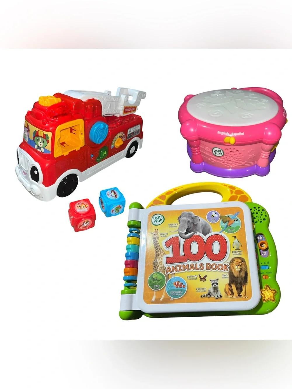 Leapfrog Tumbling Blocks Firetruck 100 Animals English Spanish & Color Play Drum